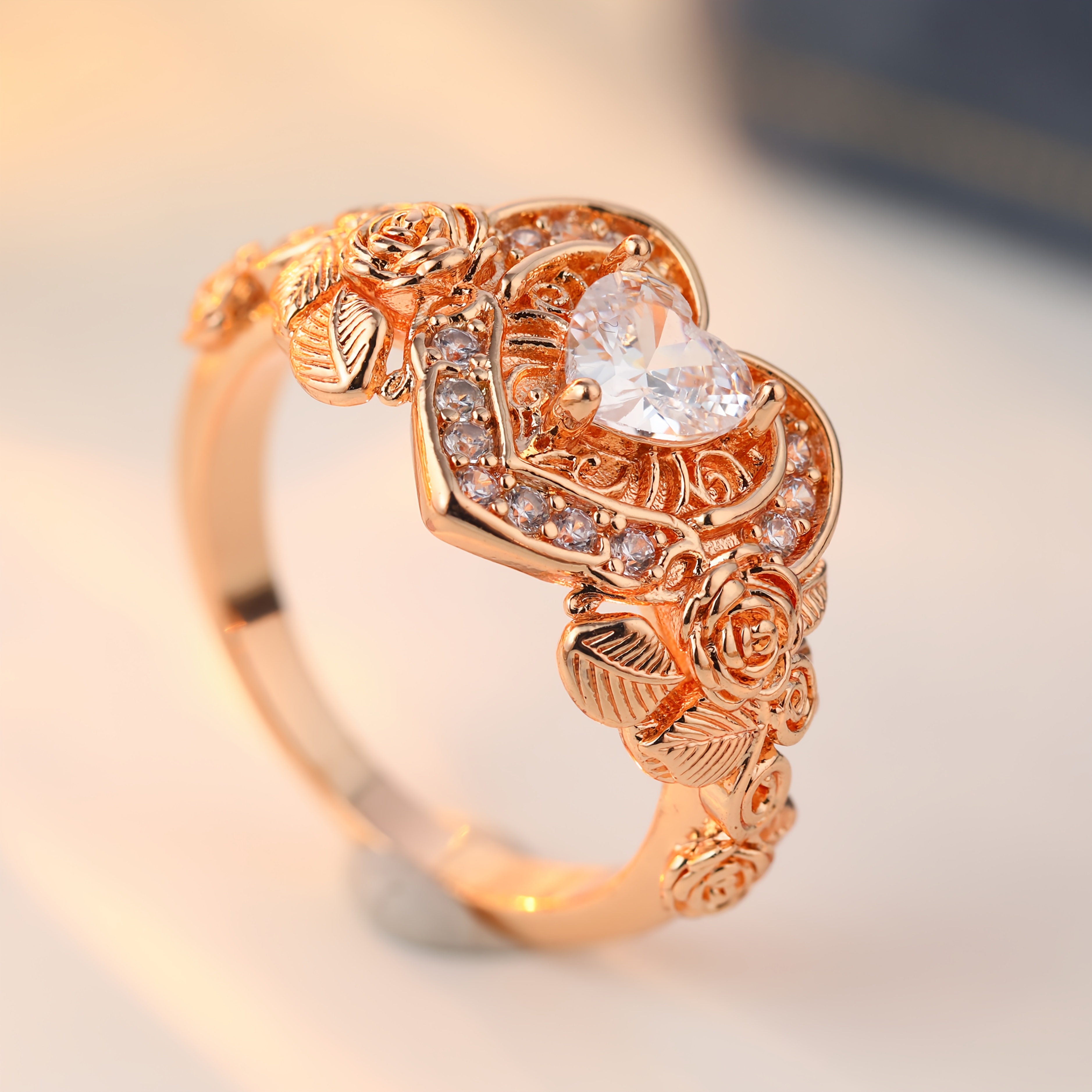 Women's Rose Gold Flower Synthetic Zirconia Ring, Elegant Design